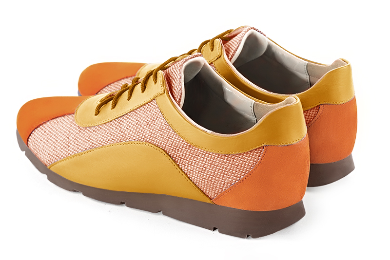 Apricot orange and mustard yellow women's two-tone elegant sneakers. Round toe. Flat rubber soles. Rear view - Florence KOOIJMAN
